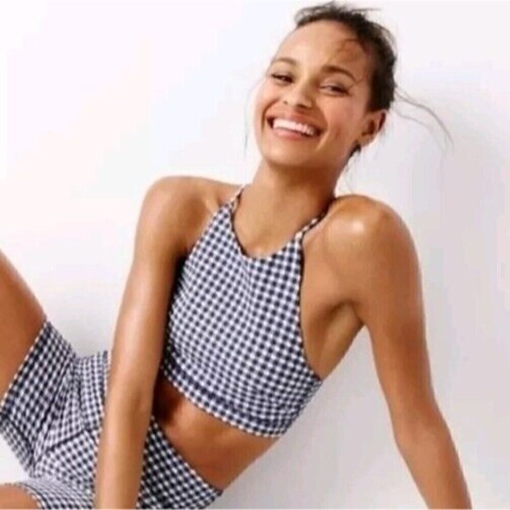 J. Crew Puckered Gingham Sports Bra Blue Women's Size XL High Neck Athleisure